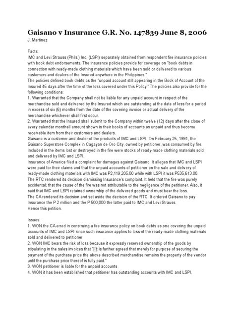 Gaisano v Insurance G.R. No. 147839 June 8, 2006.
